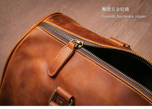 Sac de voyage pliable en cuir véritable, fermeture éclair, durable, marron, avec poignée cousue main - Product Image 6
