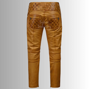 กางเกงหนังสีน้ำตาลเข้มของผู้ชายกางเกงนักขี่จักรยานหนังแท้ทรงสลิมฟิตพร้อมกระเป๋าผ้าและซิป - Product Image 6