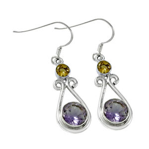 Pendientes colgantes de diseño único de piedras preciosas de citrino y amatista natural de Plata de Ley 925 para mujer y Niña - Product Image 1