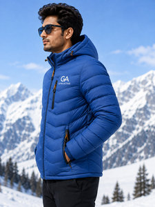 <b>GYM</b> ACTIVE Men's Blue Shiny Hooded Puffer <b>Jacket</b> Windproof Quilted Polyester Winter Casual Outdoor Wear Front Logo Embroidery - Product Image 5