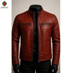 Blouson aviateur en cuir bordeaux fait main, uni, décontracté, hiver, fermeture éclair, col mandarin, coupe ajustée, service OEM - Product Image 1