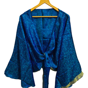 Robe portefeuille courte en soie taille libre Top portefeuille en tissu sari vintage Top bohème à imprimé floral - Product Image 1