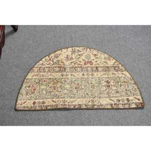 Vintage Rug, Round 2.5x1.5 ft Turkish Rug, <b>Brown</b> Green Polka dot <b>Wool</b> Rug - Product Image 1