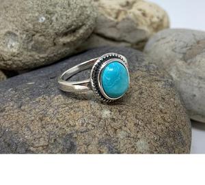 Vintage Style Silver Turquoise Oval Gemstone <b>Ring</b> Natural Boho <b>Statement</b> Stone Jewelry for Women - Product Image 3
