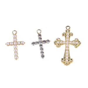 Liontin salib mutiara berlian imitasi ornamen salib liontin salib Yesus Kristen untuk membuat perhiasan gelang kalung untuk Pin bayi