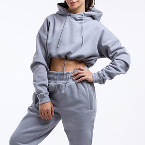 Más tamaño personalizado invierno básico peso pesado Crop Top cordón correr entrenamiento pulóver Sudadera con capucha - Product Image 2