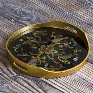 Bandeja de madera de excelente calidad en color nogal profundo con forma redonda decorativa y patrón colorido Ideal para detalles en el hogar - Product Image 2