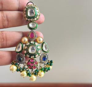 Boucles d'oreilles de qualité supérieure plaquées or, style traditionnel, ornées de pierres, pour les mariages et les fêtes, pour femmes et filles - Product Image 1