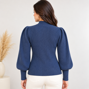 Pull-over en tricot crocheté à col montant et manches bouffantes pour femme, style bohème, manches longues, mode décontractée été-automne, vente en gros - Product Image 3
