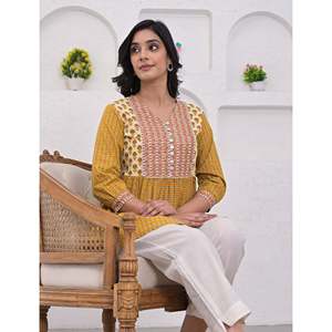 เสื้อสั้นพิมพ์ลายมัสตาร์ดผ้าฝ้ายระบายอากาศได้ดีตกแต่งแบบปัก - Product Image 3