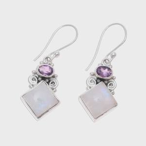 Boucles d'oreilles en améthyste et pierre de lune faites à la main, en argent sterling 925, bijoux à pendentif, cadeau élégant pour femmes, style bohème - Product Image 3