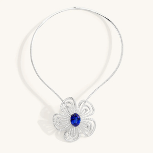 Collar de lujo con flor de diamantes y zafiro azul natural en oro blanco de 18 quilates para mujer, alta joyería, colgante de zafiro ovalado, para boda - Product Image 1