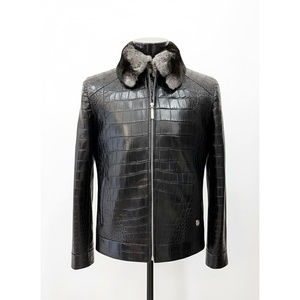 Chaqueta de cuero genuino para hombre, diseño de cocodrilo, con cuello de piel, cierre de cremallera, ropa de abrigo para invierno, servicio OEM personalizado. - Product Image 1