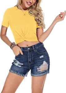 T-shirts courts pour femmes, style hip-hop, logo personnalisé, écologiques, anti-froissement, décontractés d'été, manches courtes, col rond, devant torsadé, bouton - Product Image 5