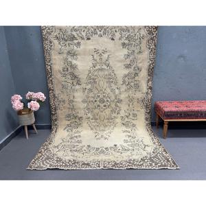 5.5x9.3 ft Vintage Rug, <b>Brown</b> Striped Turkish <b>Wool</b> Rug - Product Image 1