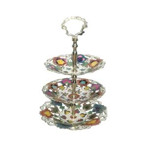 Frutero de latón de tres niveles hecho a mano de alta calidad con hermoso grabado multicolor y acabado pulido para uso en la cocina - Product Image 1