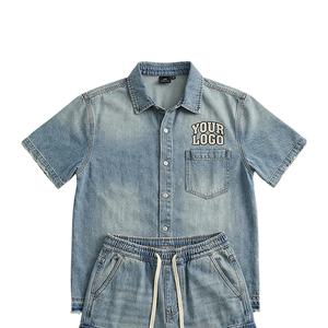 Conjunto de Dos Piezas para Hombre, Camisa y Pantalones Cortos de Mezclilla Lavada, Estilo Casual y Holgado, Venta al Por Mayor - Product Image 4