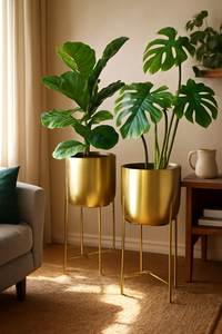 Luxury Embossed Gold Metal Planter with <b>Stand</b> Modern Metal Flower Pot <b>Vase</b> Premium Indoor Outdoor Decorative Plant Holder - Product Image 2