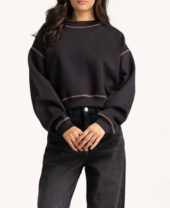 Top corto liso de color liso para mujer, jersey de manga larga personalizado al por mayor, sudaderas con capucha de mujer con técnica de lavado ácido - Product Image 2