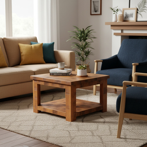 Table basse carrée en bois massif avec double étagère et finition rugueuse pour table basse de salon - Product Image 1
