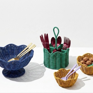 Juego de Tazones de Ratán Azul Claro, Cesta para Servir con Borde Festoneado, Porta Utensilios, Cestas de Almacenamiento de Cocina Hechas a Mano - Product Image 3
