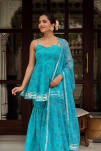 Conjunto Sharara de Algodón Azul Gulabi Galiyan con Dupatta de Georgette, Vestidos Casuales con Cintura Natural y Aberturas - Product Image 5