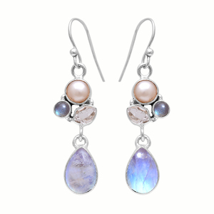 100% naturel arc-en-ciel pierre de lune poire perle herkimer diamant pierre précieuse 925 argent concepteur balancent 4.6 cm boucle d'oreille 7.29 gms bijoux - Product Image 1