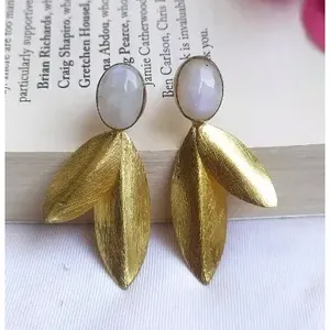 Fashion Trendy Wedding <b>Drop</b> Earrings Brass Gold Plated <b>Rainbow</b> Moonstone Gemstone - Product Image 1