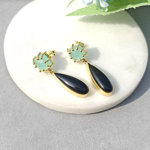 Nouveauté : boucles d'oreilles en or plaqué 18 carats avec chalcédoine facettée en forme de coussin, onyx noir en forme de poire, best-seller, pour cadeau, bijoux - Product Image 4