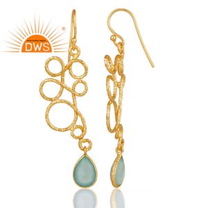 Meilleure vente en argent sterling plaqué or 18 carats naturel Aqua calcédoine pierres précieuses balancent boucle d'oreille Demi bijoux fins pour les femmes - Product Image 3