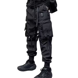 Pantalones Jogger Cargo Negros para Hombre, con Múltiples Bolsillos, Cordón Ajustable, Cintura Alta, Estilo Workwear, Invierno, Casual, Lisos, con Botones - Product Image 1