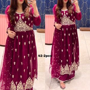 Brodé Kurta Sharara Dupatta col rond manches longues musulman ethnique Anarkali costume mariage fête mariage inde - Product Image 4