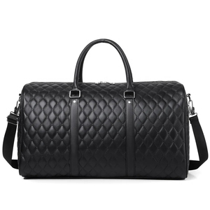 Black Quilted Leather Duffel <b>Bag</b> Weekender Travel Gym <b>Overnight</b> <b>Bag</b> with Zipper Closure and Adjustable Strap - Product Image 1
