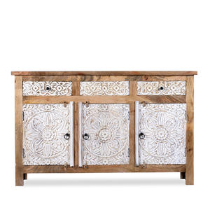 Aparador de armario tallado a mano de madera maciza con acabado rústico antiguo de alta calidad, diseño tradicional desgastado para comedor y baño - Product Image 1