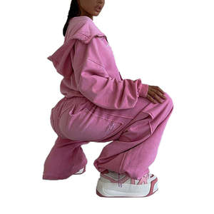 Conjunto de Sudadera con Capucha Oversize y Pantalones de Chándal con Lavado Ácido, Apliques, Bordados Desgastados y Parches, Estilo Urbano Personalizado para Mujer - Product Image 1