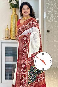 Sari en soie de viscose de Georgette pour fête, tendance gujaratienne, avec un travail de pallu riche en soie pure Dola, spécial pour les fonctions de mariage - Cousu - Product Image 2