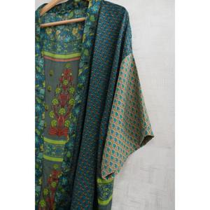 Robe kimono en soie bohème grande taille, col en V, motif floral, longueur genou, patchwork, imprimé indien fait main, respirant, décontracté, pour se détendre - Product Image 3