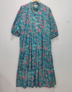 100% coton écologique doux motif fleuri robe coréenne balai manches bouffantes col montant avant bouton ouvert plus proche Y2K - Product Image 5