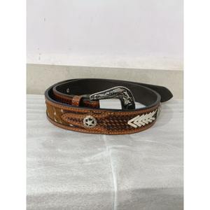 Unisex Premium Floral Tooling Studded Design Brown Hair-on Leather <b>Belt</b> with SS <b>Buckles</b> Hot Selling Western Style Custom Logo - Product Image 1