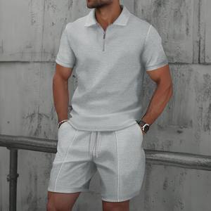 2025 hombres Europa y los Estados Unidos nuevo verano Waffle color sólido cremallera solapa manga corta traje pantalones cortos dos conjuntos - Product Image 6
