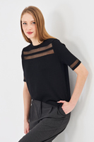 Blusa de manga corta con cuello redondo y patchwork de malla para mujer
