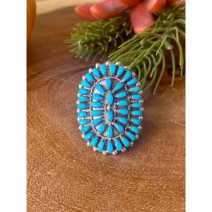 Mike Dishta Handmade Boho <b>Statement</b> <b>Ring</b> Zuni Turquoise & Sterling <b>Silver</b> Cluster Marquise Shape Size 5.5 Everyday Wear - Product Image 1