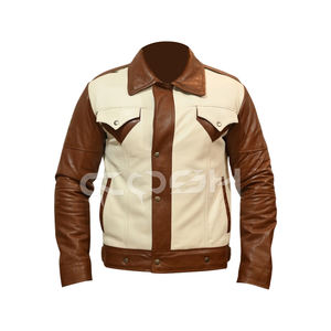 Veste en cuir unisexe de style rétro marron et beige, couleur contrastée, streetwear tendance, vêtement d'extérieur avec fermeture à boutons - Product Image 1