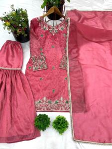Hot Selling Classy <strong>Latest</strong> Golden Wedding <strong>Wear</strong> Heavy Faux Georgette With Sequence Work Top Duppta and Sharara <strong>Suit</strong> for Women