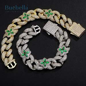 14K <b>White</b> <b>Gold</b> 20mm Emerald Four Leaf Clover Cuban <b>Bracelet</b> 925 Sterling Silver VVS Moissanite Diamond Hip Hop Style for Men - Product Image 5