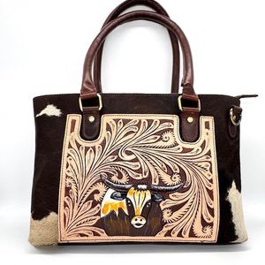 Hot Selling Trending Designer Hand <b>Tooled</b> Cowhide Leather <b>Tote</b> <b>Bag</b> Purse Top Quality Handled Shoulder <b>Bag</b> Rustic Style for Women - Product Image 1
