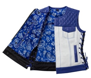 <b>Men's</b> Plus Size Quilted Leather <b>Vest</b> <b>White</b> Blue Lace-Up Moto Biker Style O-Neck Outerwear - Product Image 5