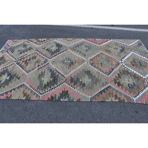 Alfombra Kilim turca Vintage 4,9 X 9.4ft Diseño de retazos verde rosa Clásico Hecho a mano Lana Poliéster Forma rectangular Látex vivo - Product Image 3