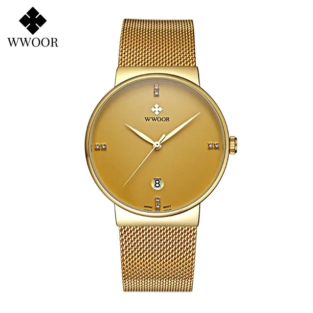 WWOOR 8018 Original Golden Plate Watch Japon Mouvement Quartz Montre En Acier Inoxydable Dos De Luxe Montres Hommes