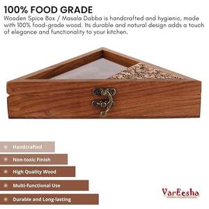 Boîte à épices traditionnelle en bois sculpté, écologique, compartiments séparés, réglage de la finesse, épices de cuisine indienne, faible coût - Product Image 2